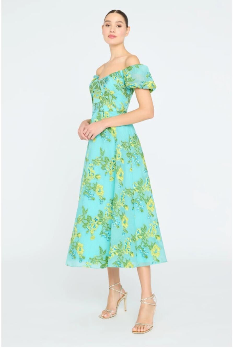 Theia Alanis Off Shoulder Jacquard Aqua Floral Cocktail Length Dress 4 NEW $695
